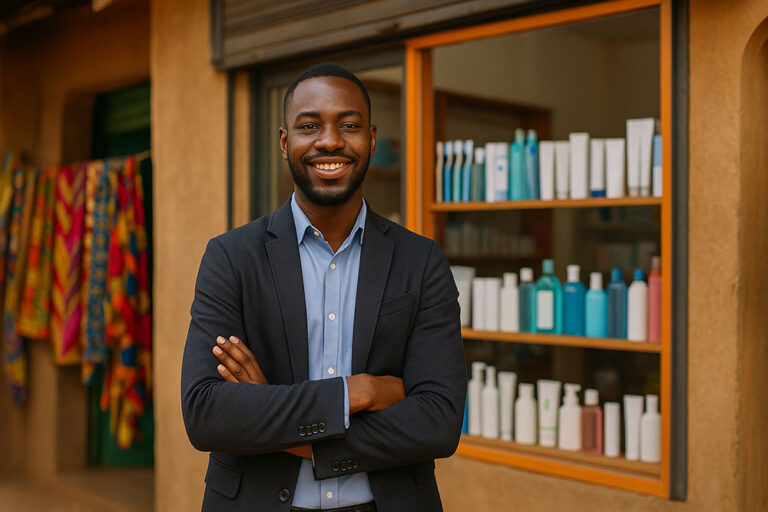 A confident African entrepreneur stands smiling in front of a modern shop displaying oral care products, with colorful African fabrics in the background.
