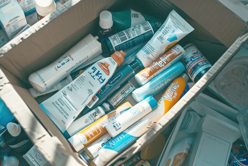 Une pile de dentifrice dans une boîte sur la table, vue aérienne