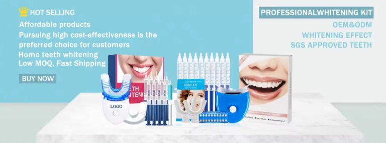A sleek blue and white teeth whitening kit package featuring an LED mouthpiece with customizable light LEDs, gel syringes, whitening strips, and a shade guide, visually promoting a professional-grade at-home te