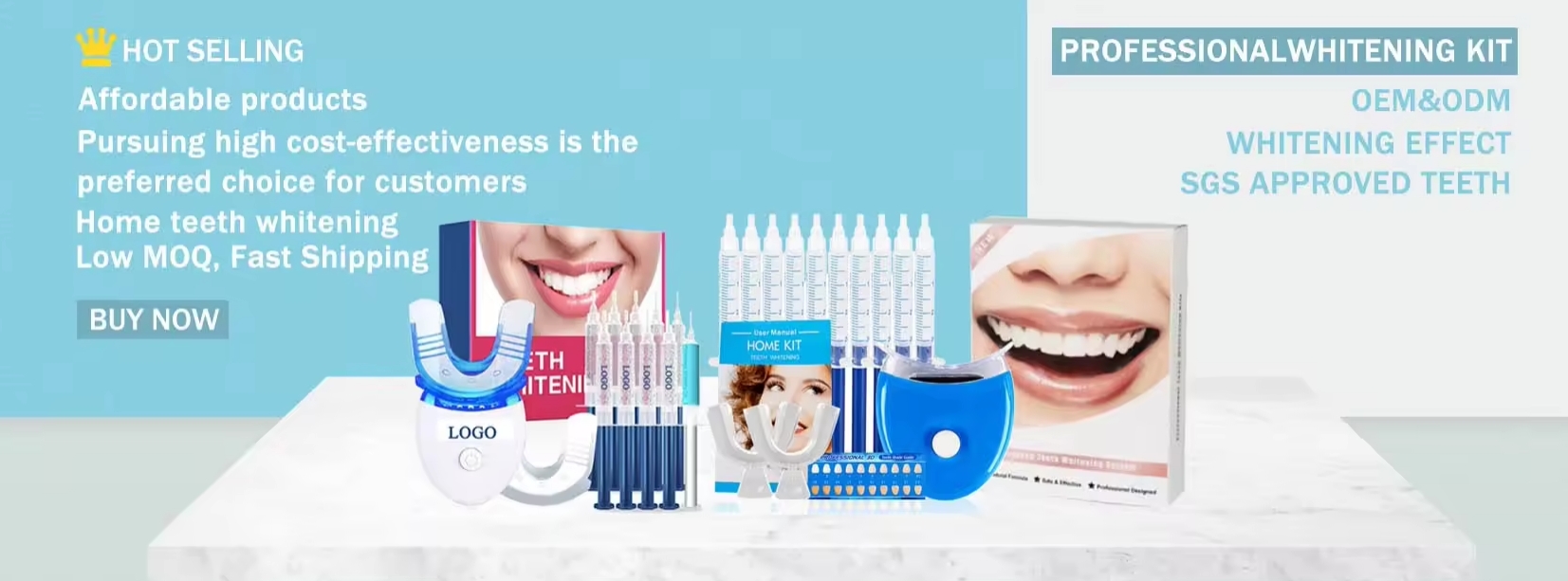 A sleek blue and white teeth whitening kit package featuring an LED mouthpiece with customizable light LEDs, gel syringes, whitening strips, and a shade guide, visually promoting a professional-grade at-home te