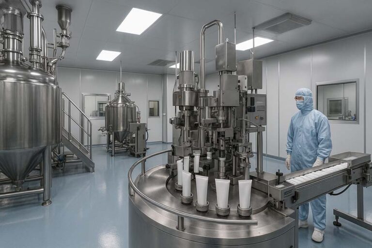 toothpaste GMP workshop with 316L stainless steel vacuum emulsifying tanks, CIP piping, HEPA ceiling, epoxy floor, and an automated tube filling–sealing line; cleanroom operator in full gown; no text or branding